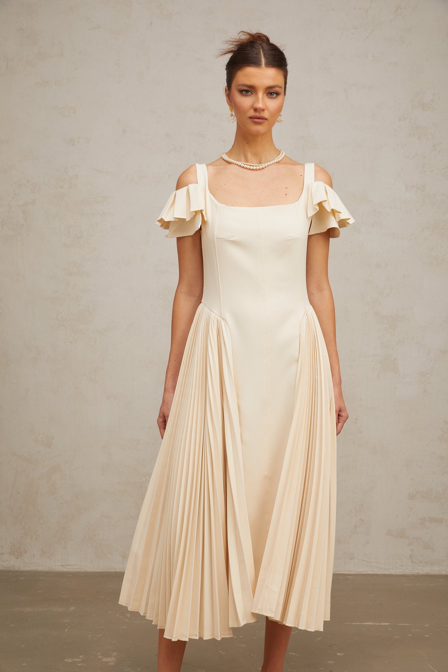 Véronique neutrals pleated flared midi dress