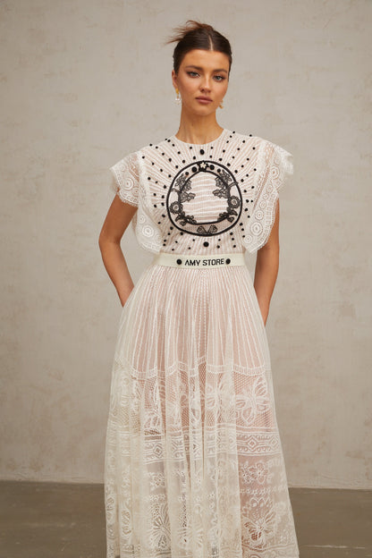 Phoebe white jacquard floral-lace pleated midi dress
