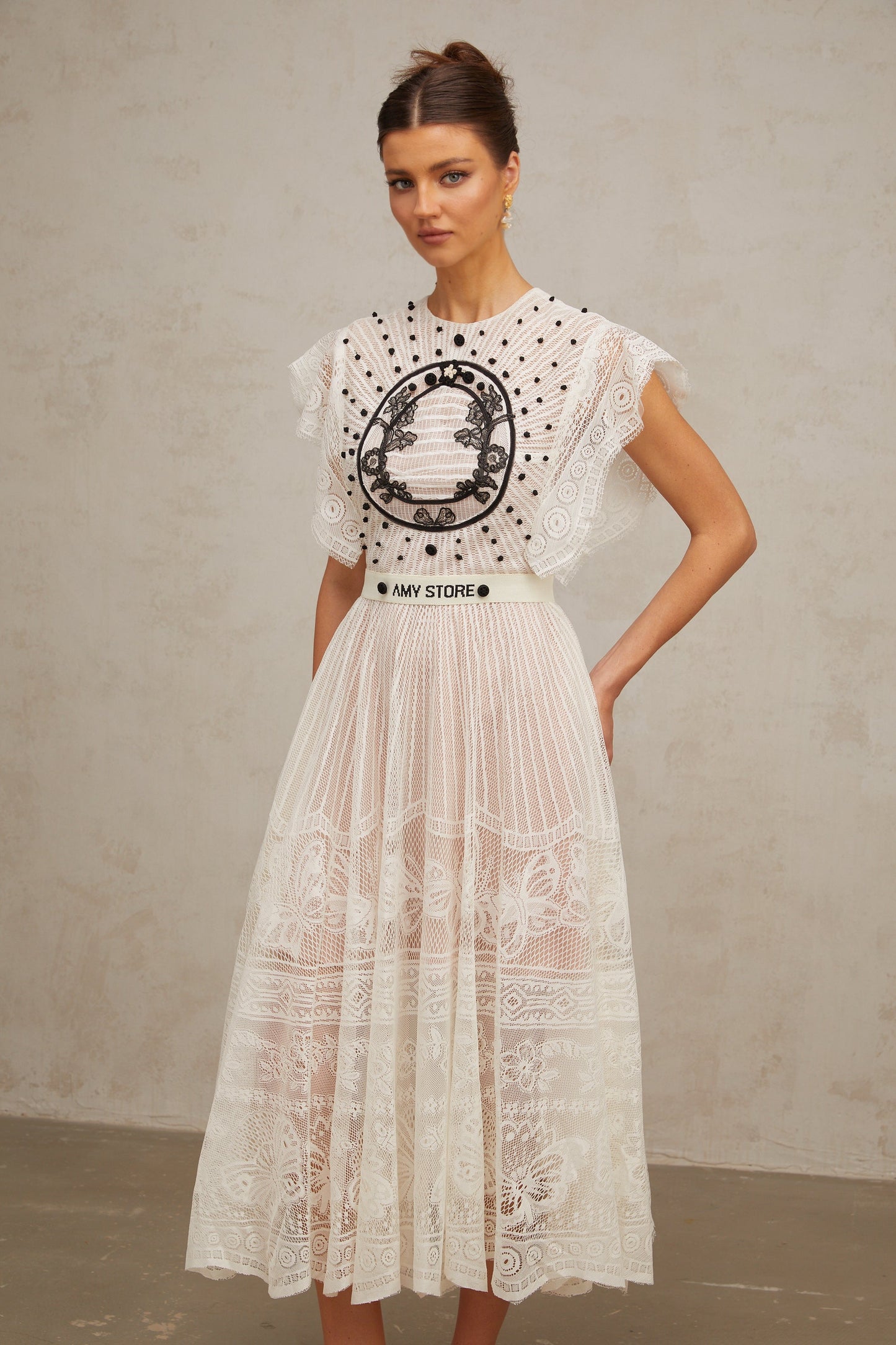 Phoebe white jacquard floral-lace pleated midi dress