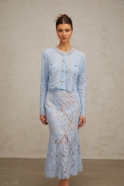 Ariane blue floral-lace top & skirt matching set