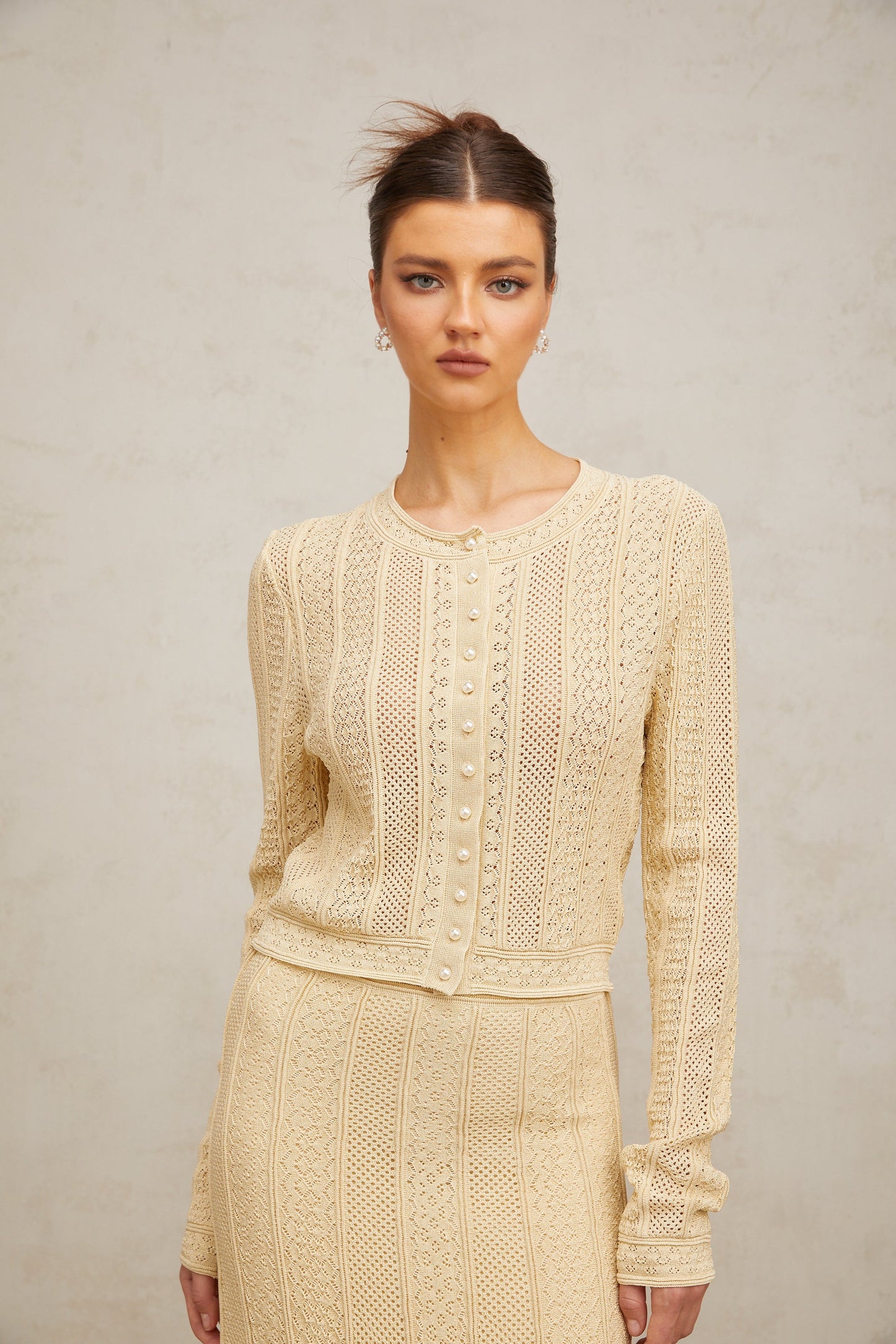Tiphaine pointelle-knit cardigan & skirt matching set