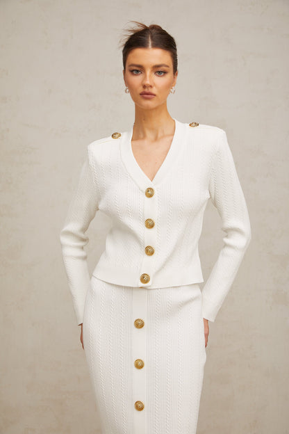 Quirine white rib-knit jacket & skirt matching set
