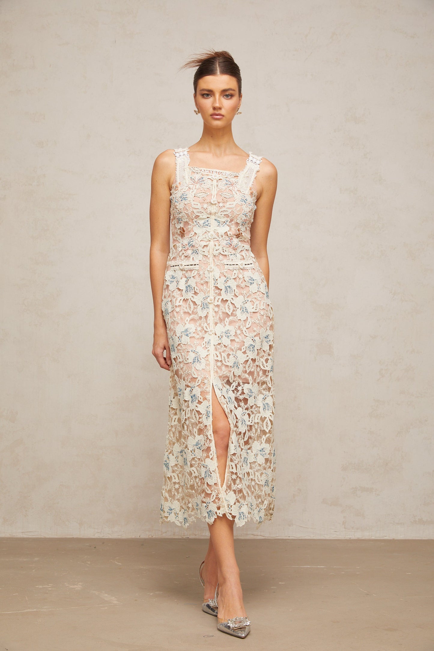 Roxane white A-line flora-lace midi dress