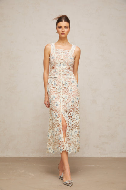 Roxane white A-line flora-lace midi dress