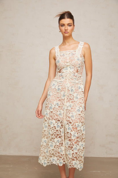 Roxane white A-line flora-lace midi dress