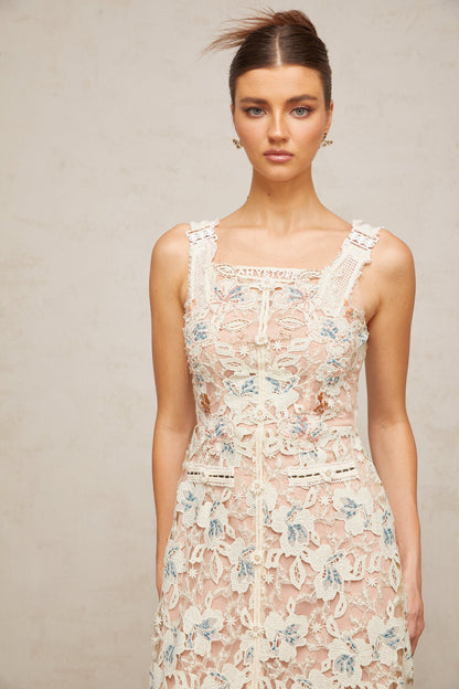 Roxane white A-line flora-lace midi dress