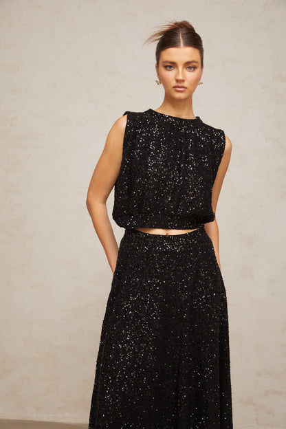 Ulrique black sequined knit vest & skirt matching set