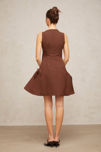 Dora brown asymmetrical-neck puff mini dress