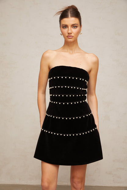Camille black faux-pearl velvet mini dress