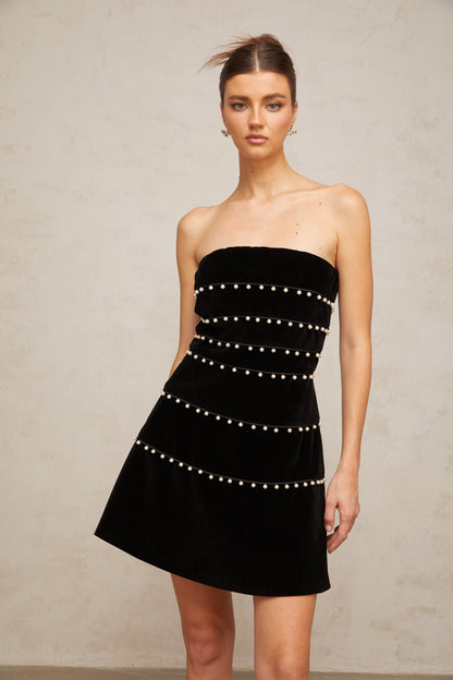 Camille black faux-pearl velvet mini dress