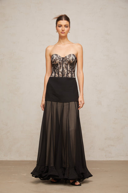 Pétunia black lace flounce maxi dress