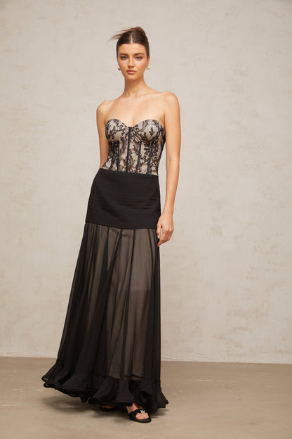 Pétunia black lace flounce maxi dress