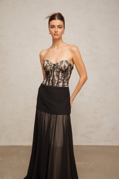 Pétunia black lace flounce maxi dress