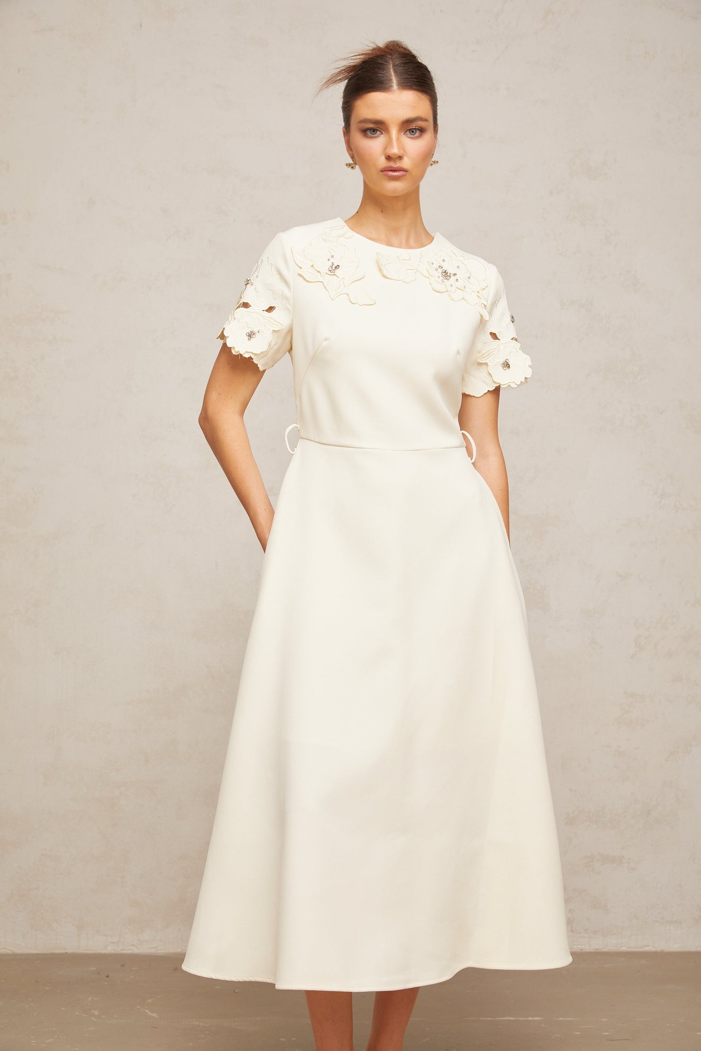 Orane neutrals floral-appliqué flared midi dress