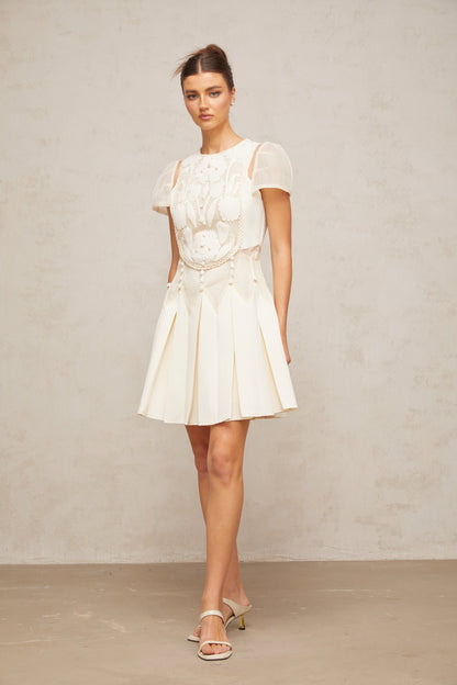 Maelle white flower-embroidered mini dress