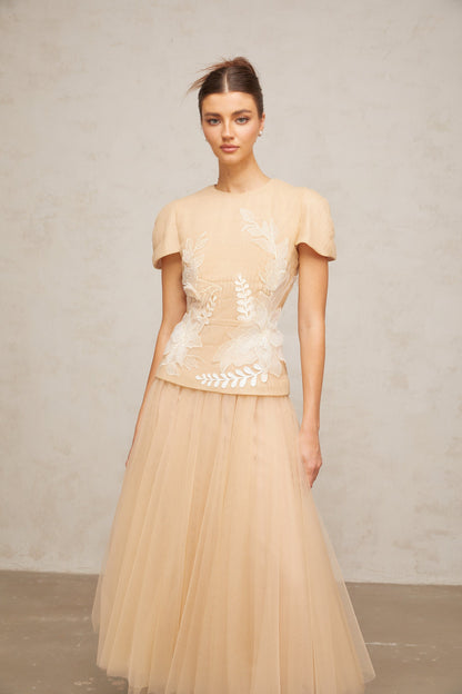 Ludivine floral-appliqué tulle top & skirt matching set