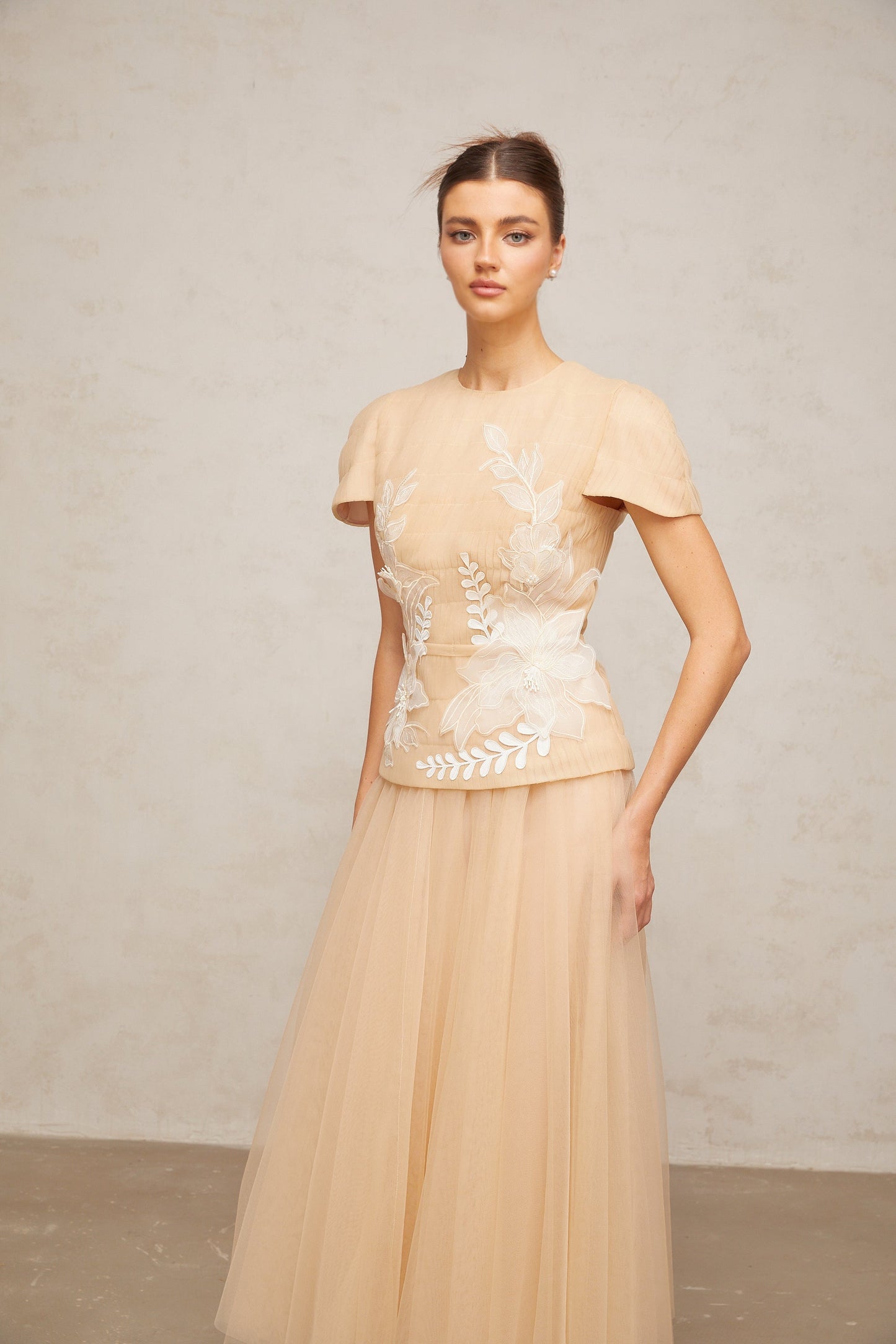 Ludivine floral-appliqué tulle top & skirt matching set