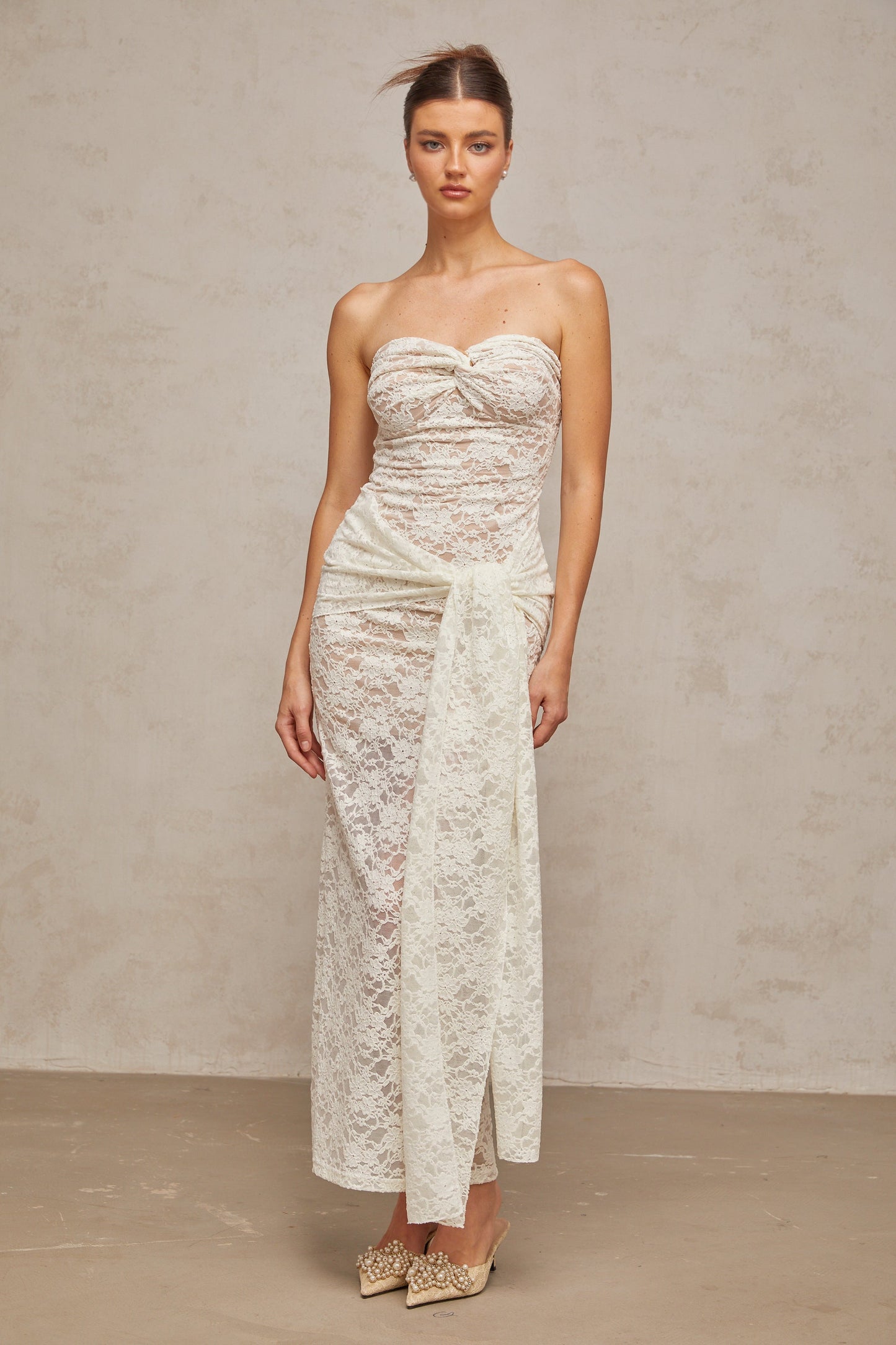Wilhelmine white lace draped midi dress
