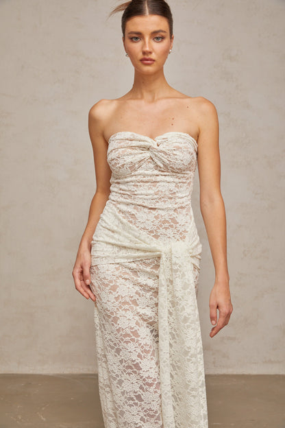 Wilhelmine white lace draped midi dress