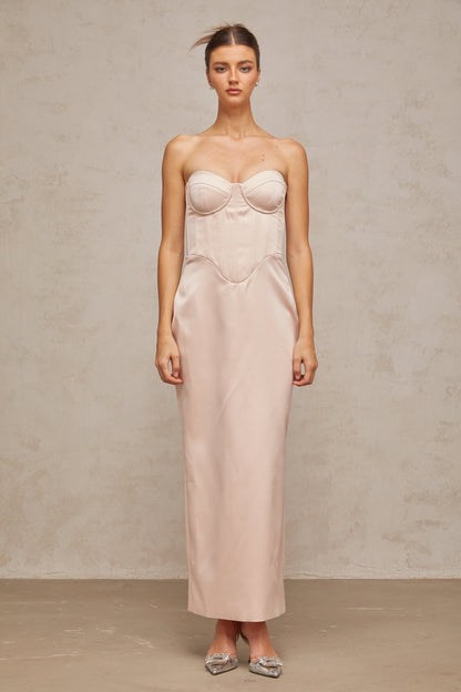 Élodie pink off-shoulder corset satin maxi dress