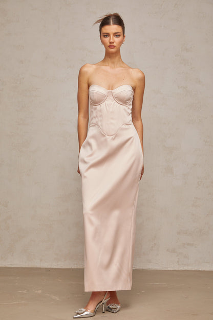 Élodie pink off-shoulder corset satin maxi dress