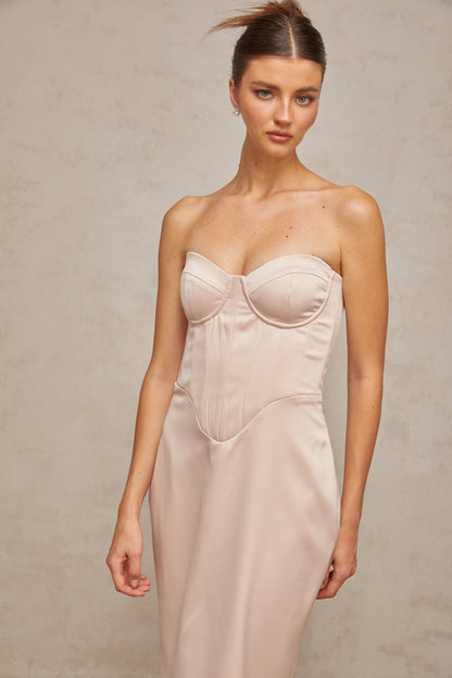 Élodie pink off-shoulder corset satin maxi dress