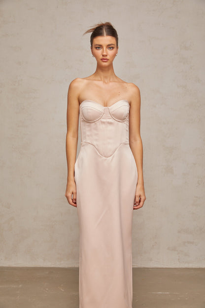 Élodie pink off-shoulder corset satin maxi dress