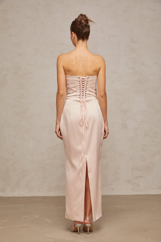 Élodie pink off-shoulder corset satin maxi dress