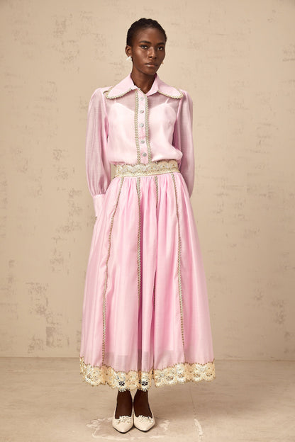 Frida pink lace-trim shirt & skirt matching set