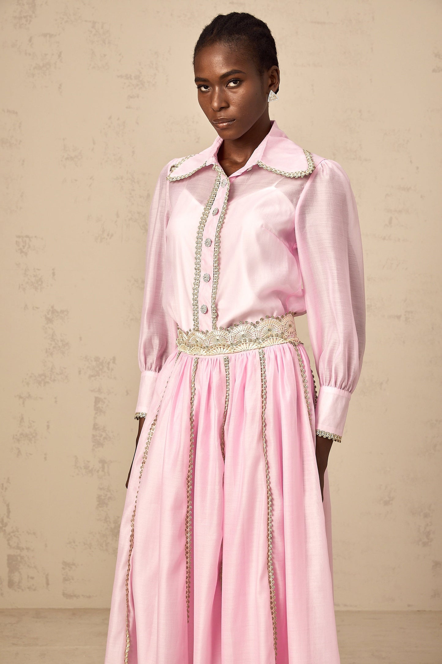 Frida pink lace-trim shirt & skirt matching set