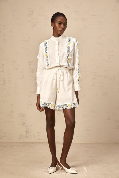 Mylène white 3d-petal lace-trim shirt & shorts matching set