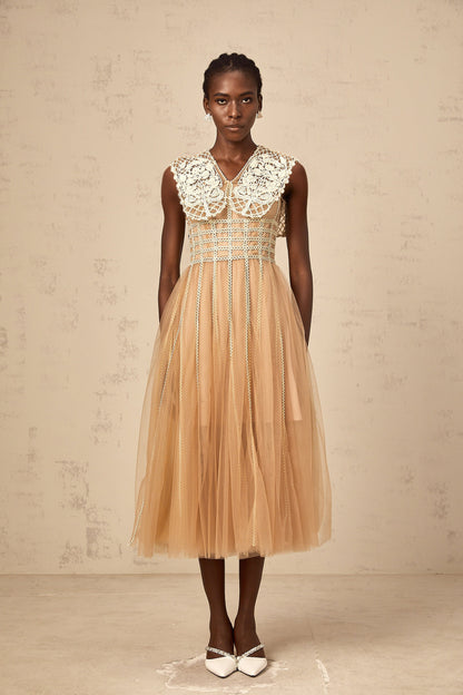 Léonor neutrals lace-panel tulle midi dress