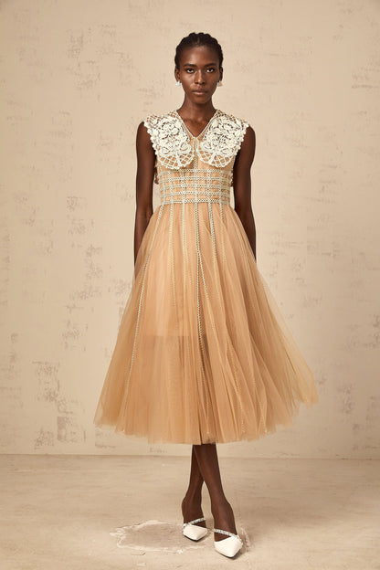 Léonor neutrals lace-panel tulle midi dress