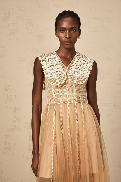 Léonor neutrals lace-panel tulle midi dress