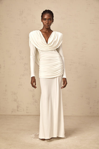 Wanda white ruched fitted maxi dress