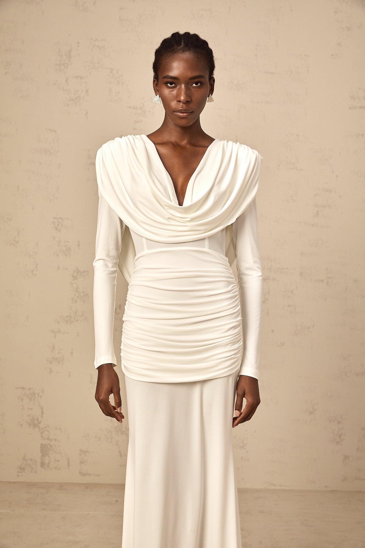Wanda white ruched fitted maxi dress