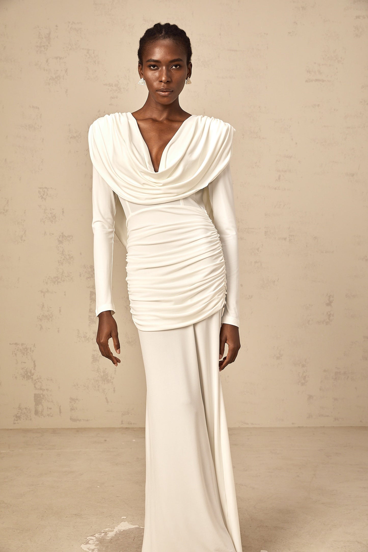 Wanda white ruched fitted maxi dress