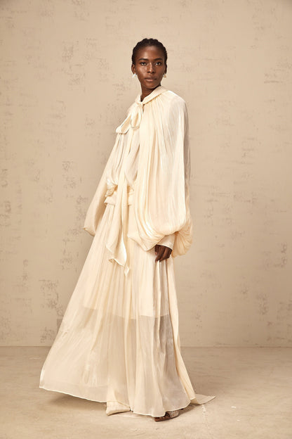 Mila pleated satin maxi dress in Neutrals