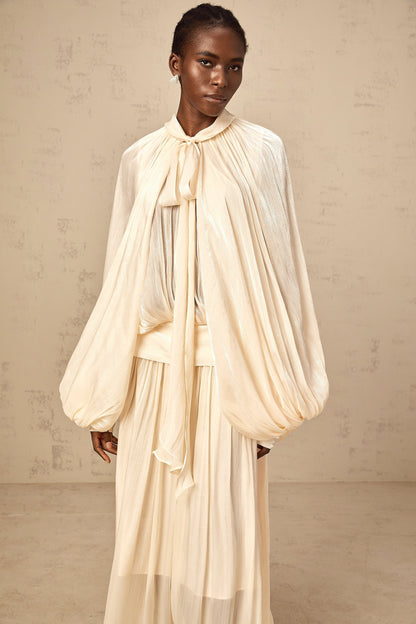 Mila pleated satin maxi dress in Neutrals