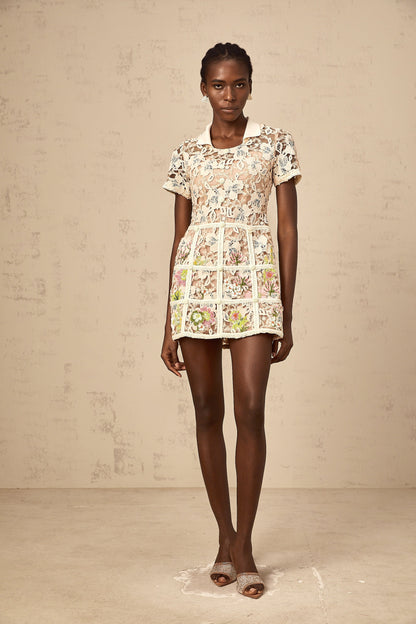 Françoise flower-embroidered mini dress in Neutrals