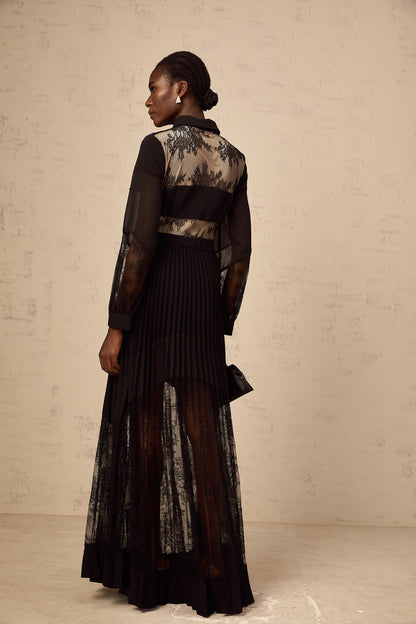 Ségolène black floral-lace-panel pleated maxi dress