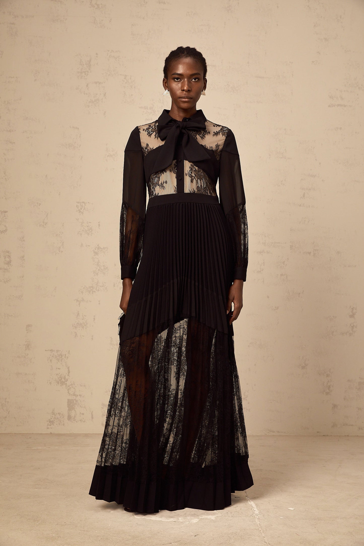 Ségolène black floral-lace-panel pleated maxi dress