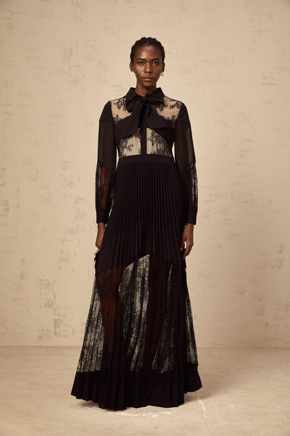 Ségolène black floral-lace-panel pleated maxi dress