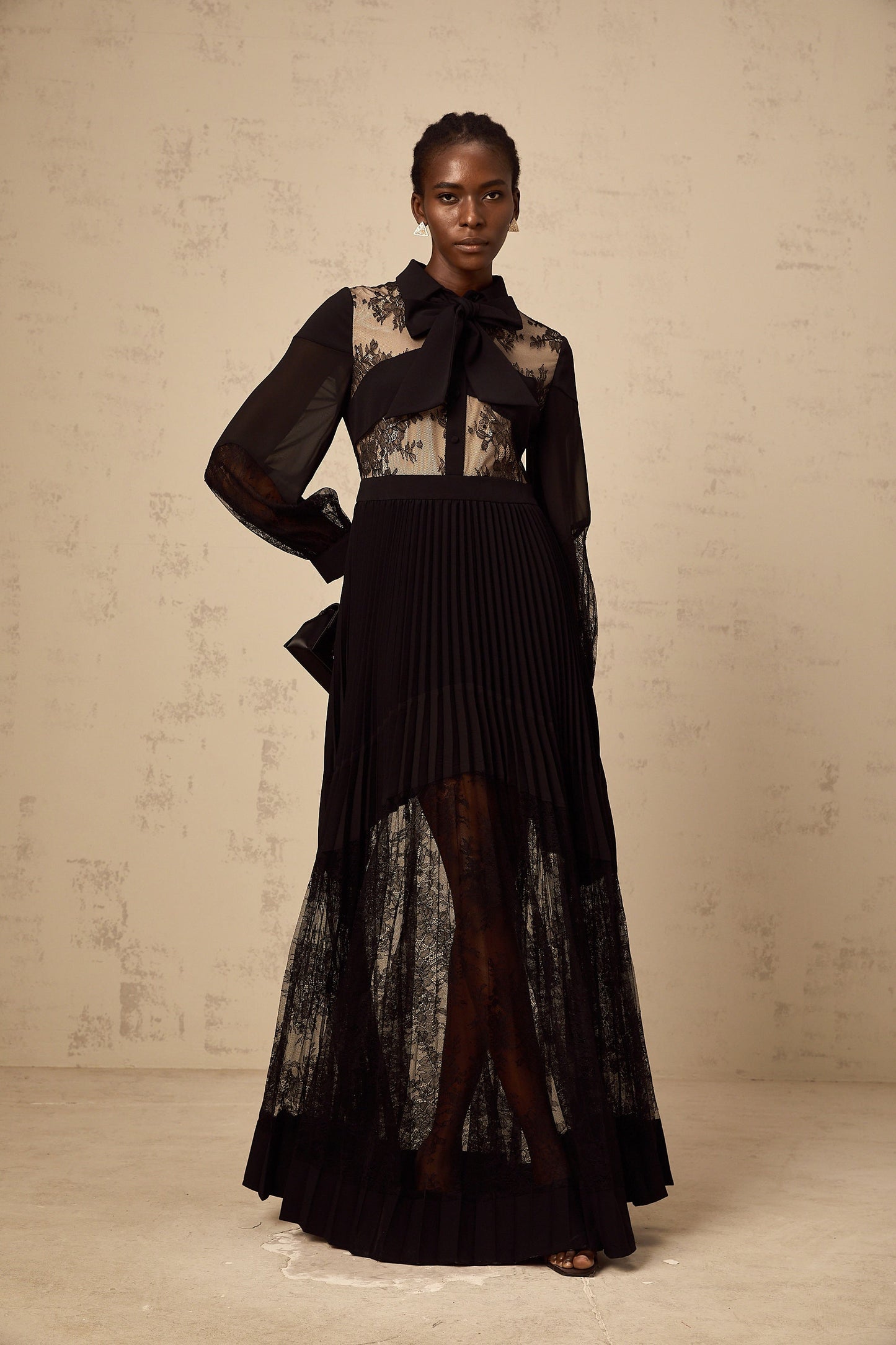 Ségolène black floral-lace-panel pleated maxi dress
