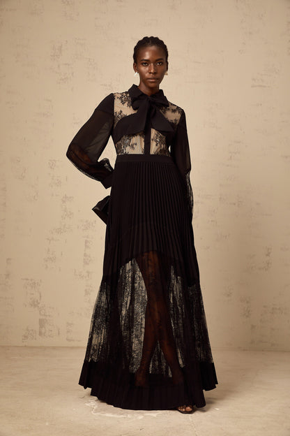 Ségolène black floral-lace-panel pleated maxi dress