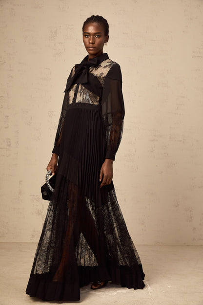 Ségolène black floral-lace-panel pleated maxi dress