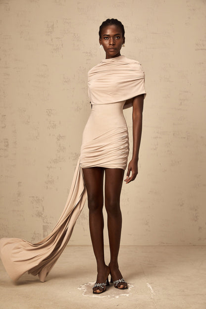 Gaëlle neutrals cape-design ruched fitted mini dress