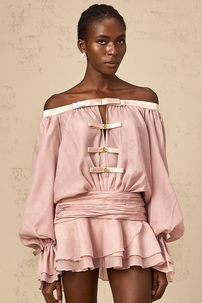 Dulcie pink off-shoulder bowknot flounced mini dress