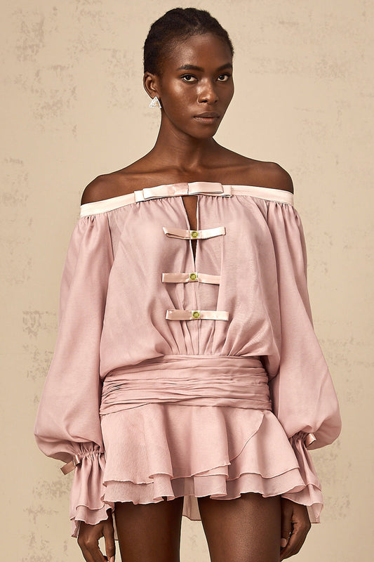 Dulcie pink off-shoulder bowknot flounced mini dress