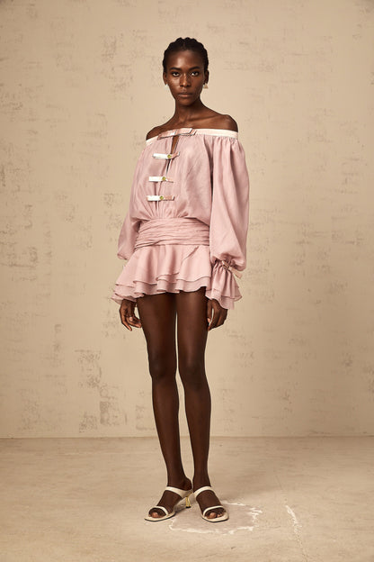 Dulcie pink off-shoulder bowknot flounced mini dress